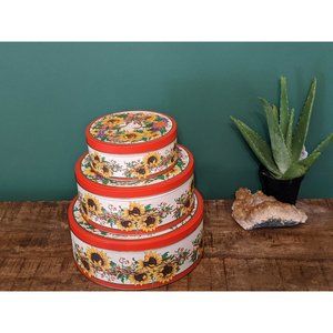 Vintage Set of 3 Sunflower Wreath Nesting Tins, Metal